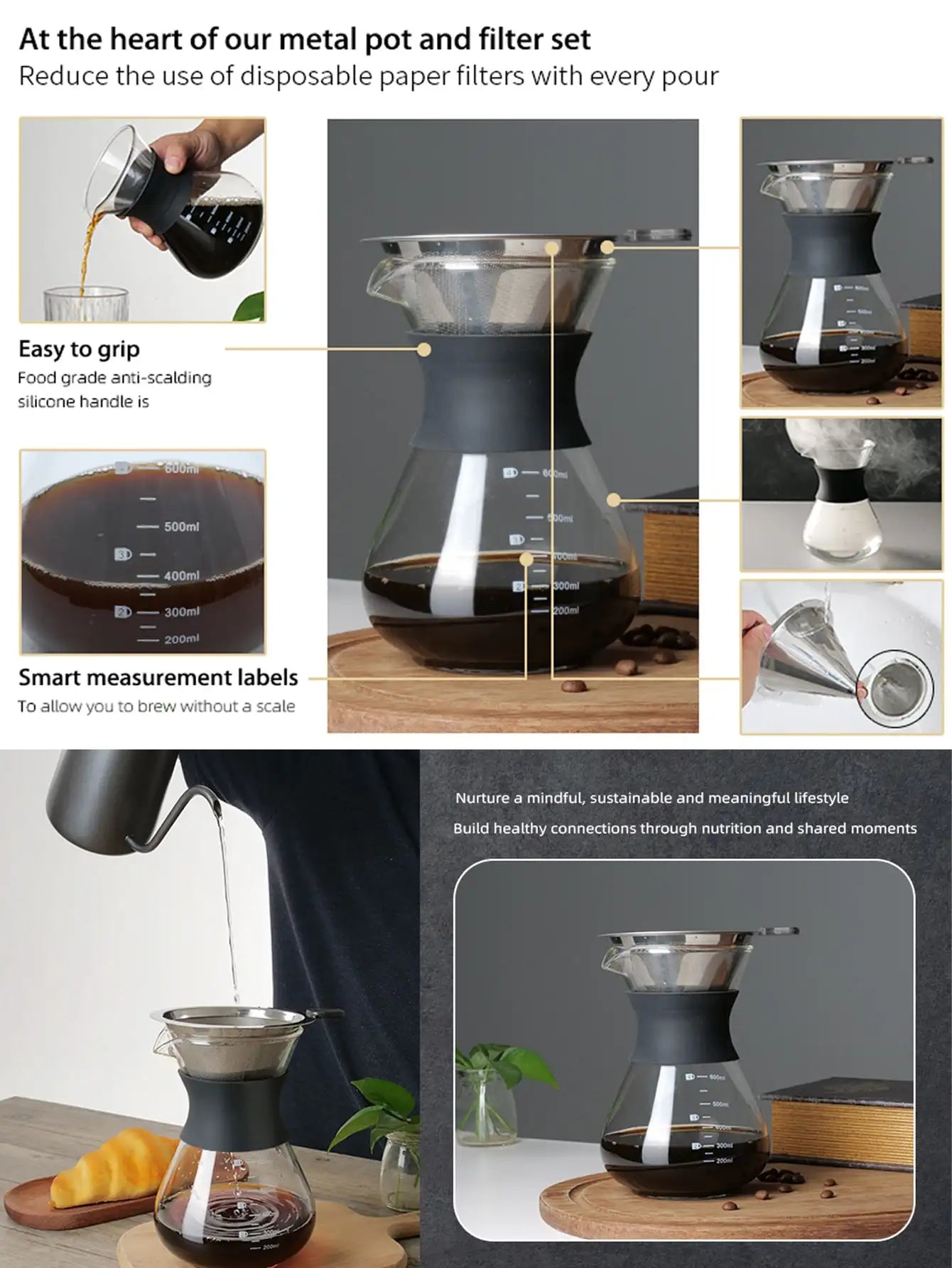 Aromatischer Pour Over Kaffeebrüher mit Edelstahlfilter Isolierung