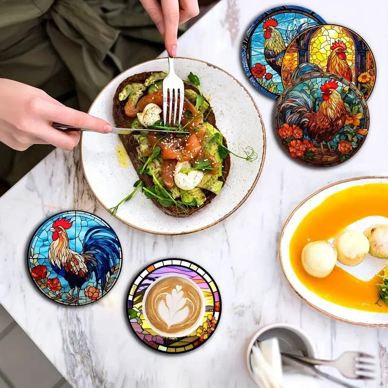 6er Set Holzuntersetzer Hahn – Rutschfest und Dekorativ für Zuhause