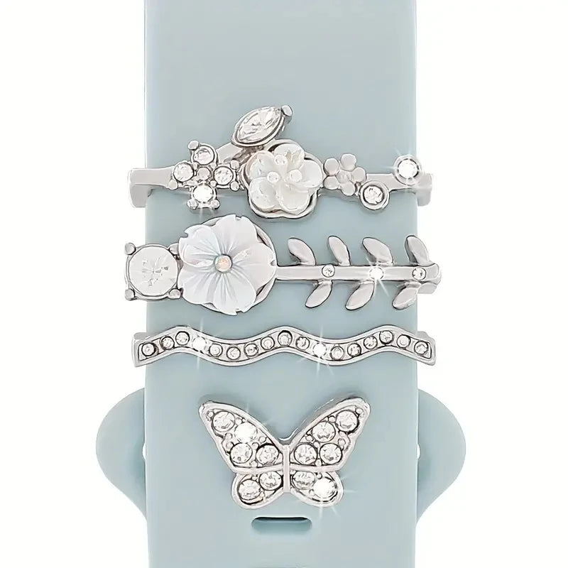 4 Stück Schmetterlings-Blumen-Armband-Ringschlaufen, Nägel, Nieten, niedliche Strass-Uhrenarmband-Charms, Dekorationen für Iwatch-Armband-Yabubest - Home & More