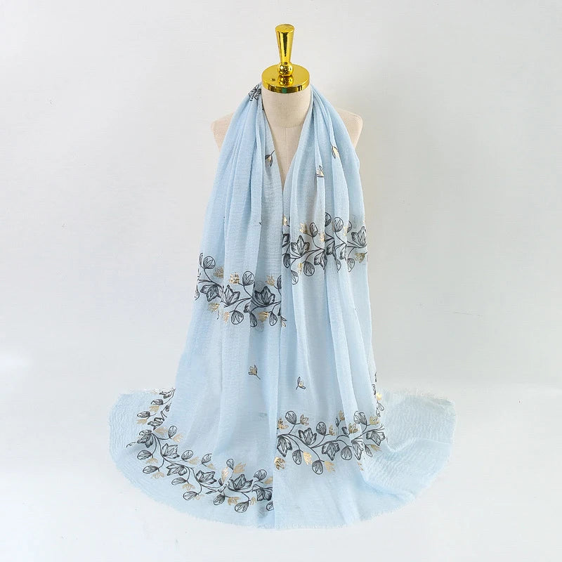 Damen Baumwoll-Leinen Schal Gold Bedruckt Quadratisch Kleine Blumenmuster