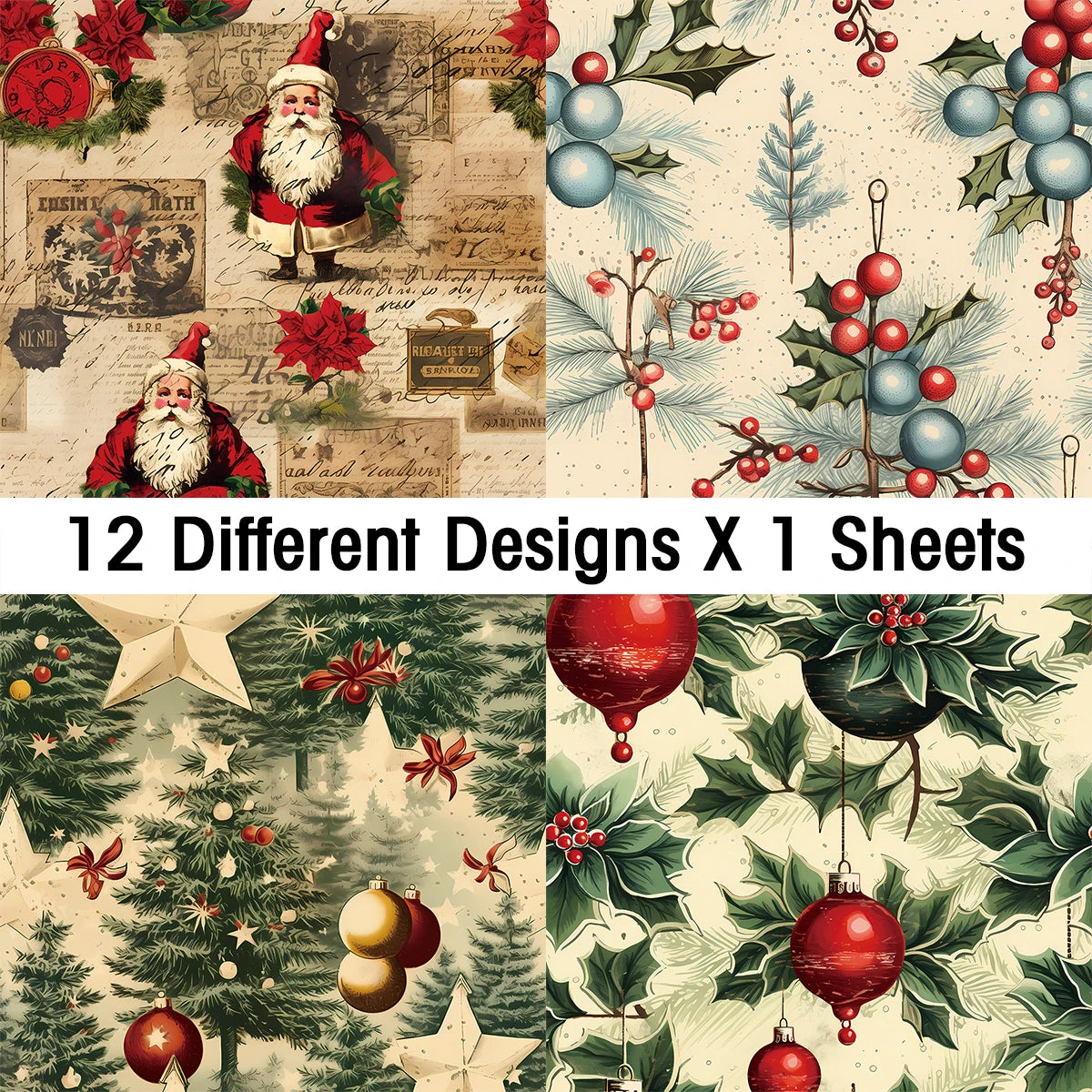 12 Blatt Retro Weihnachts Scrapbook Papierset mit Hello Santa Design