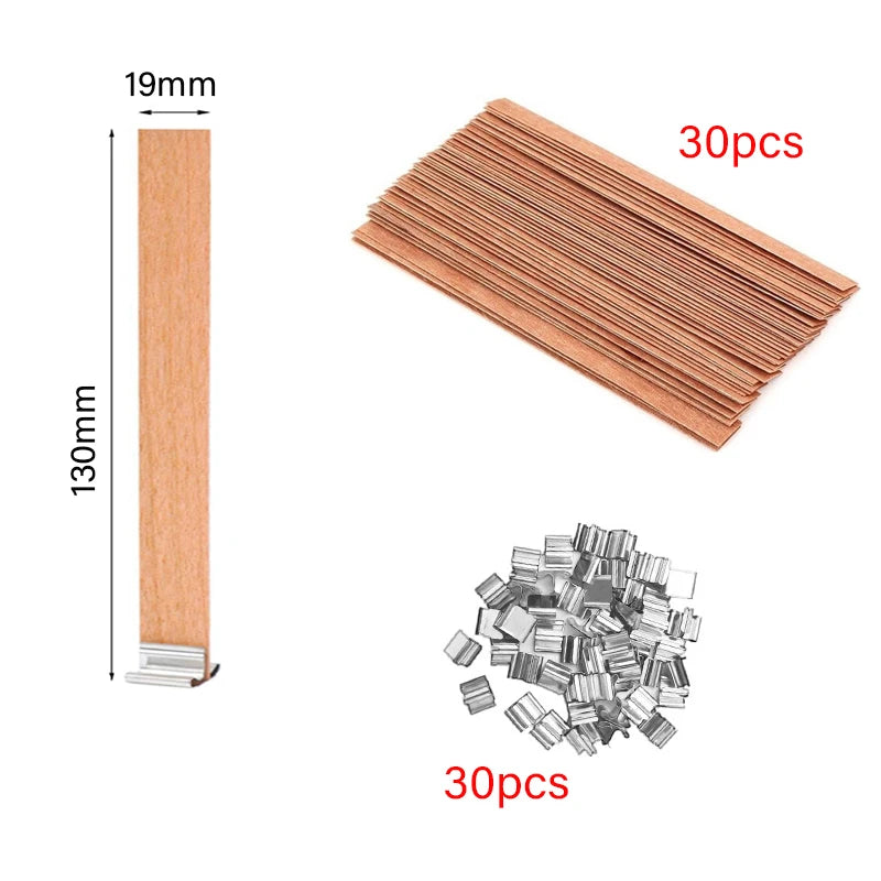 Kerzendocht Holz mit Clip Basis 30 oder 50 Stück Rauchfrei für DIY Kerzen