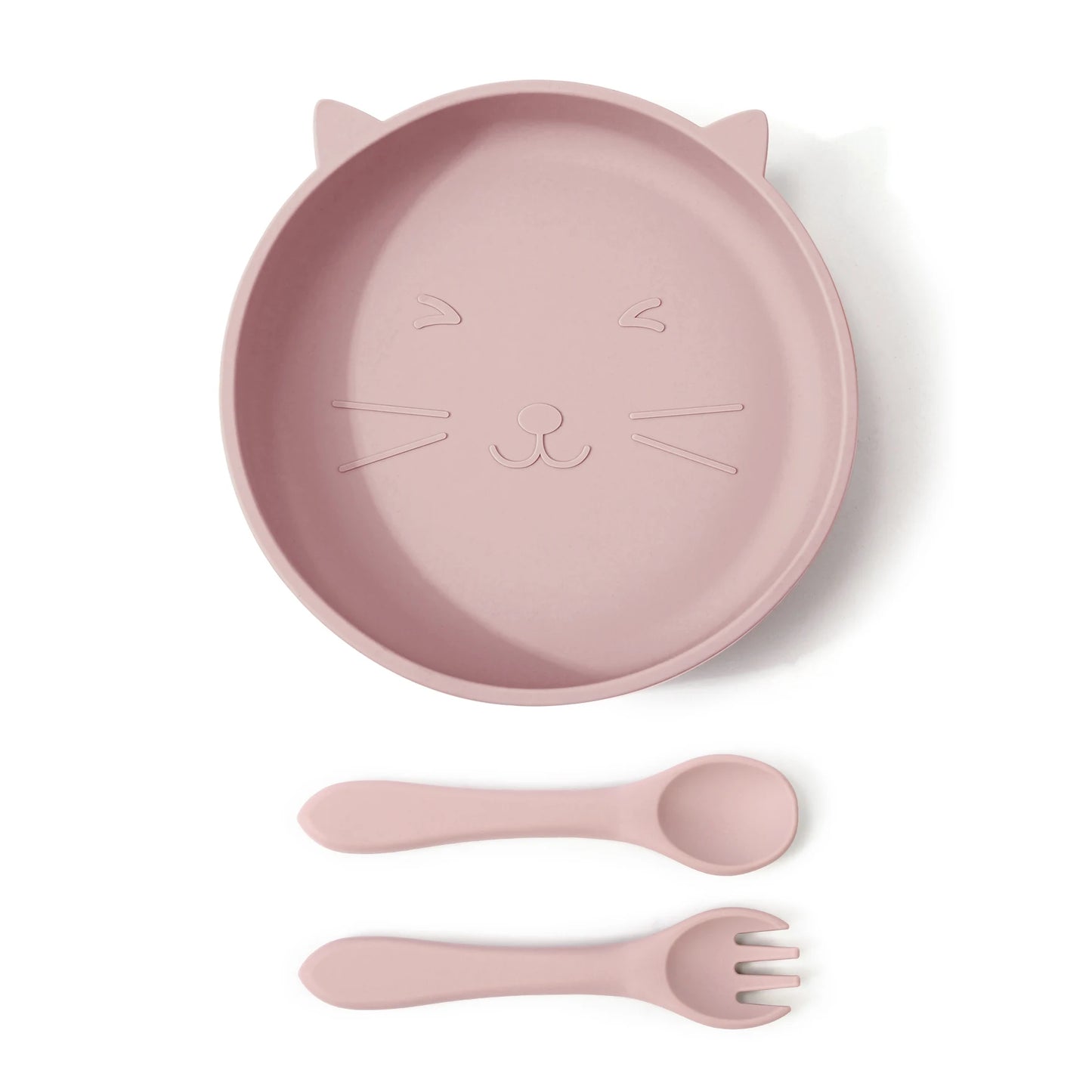 Silikon Babyteller Set Katzenmotiv mit Löffel Gabel mikrowellenfest