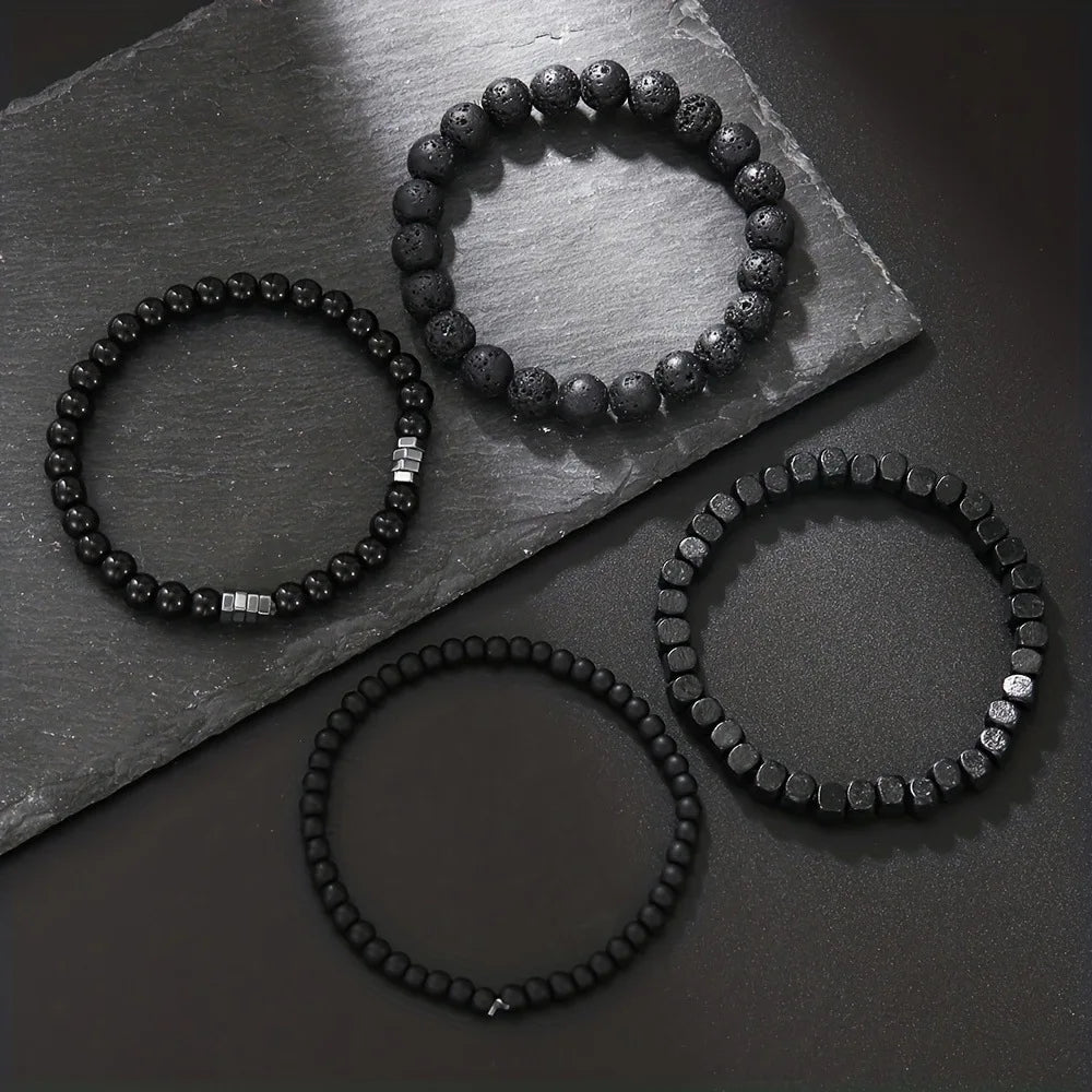 Vulkangestein Armband Set mit Holzperlen elastisch für Damen Herren