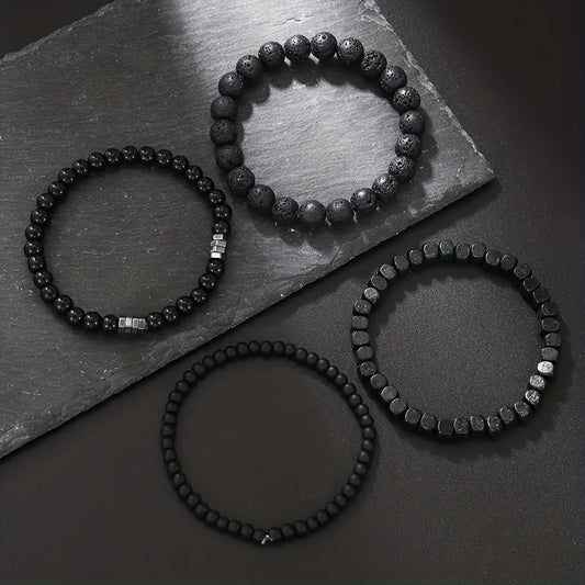 Vulkangestein Armband Set mit Holzperlen elastisch für Damen Herren