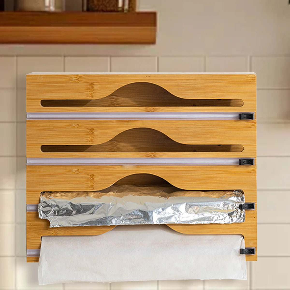 Bambus Küchenwickelspender mit Folie und Schneidebox zur Aufbewahrung