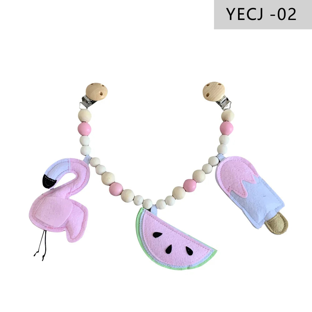 Holz-Kinderwagenclip mit Beißring und Rassel für Babys