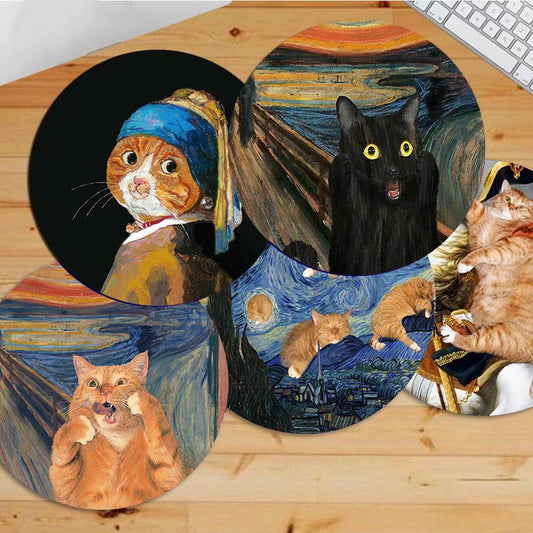 Rundes Mauspad 22cm - Niedliches Katzen Design - Van Gogh Stil für Gamer