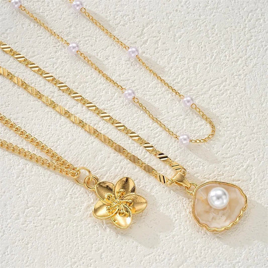 3tlg Goldfarbenes Boho Halsketten Set Muschelperlen Blumen Anhänger
