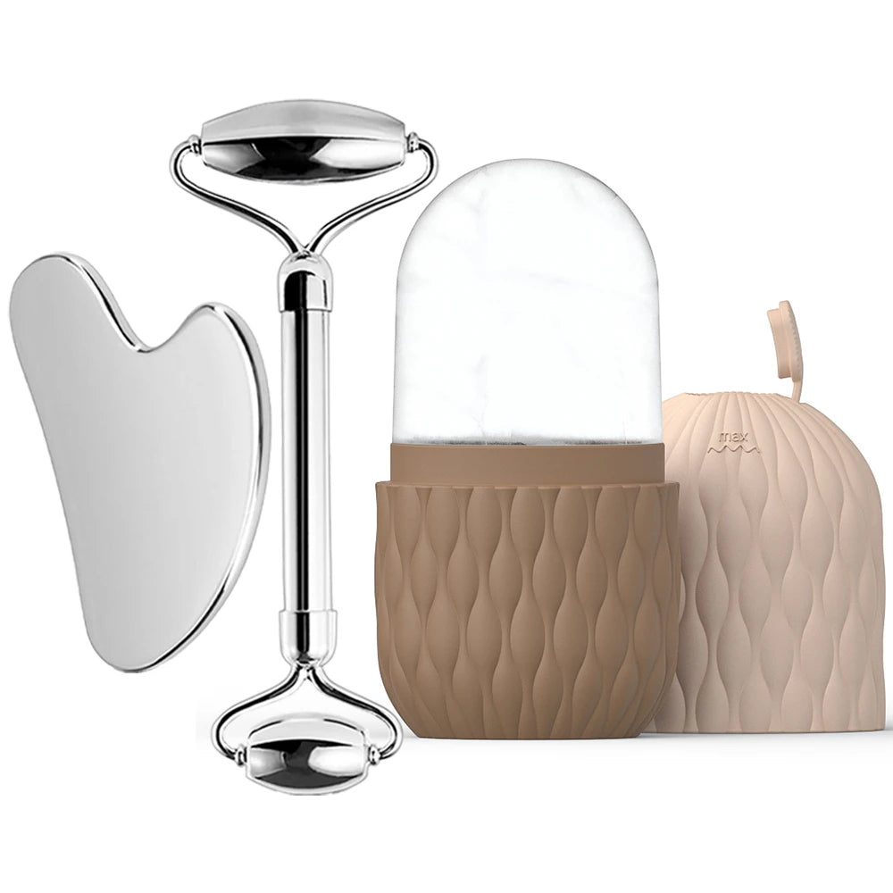 Gesichts-Roller Set: Kühlung, Massage & Hautpflege aus Silikon/Edelstahl