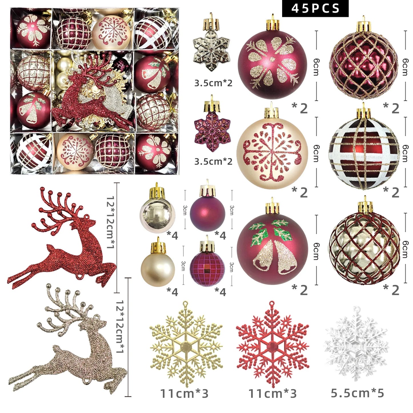 45 teiliges Weihnachtsbaumschmuck Set Glänzende Kugeln und Anhänger
