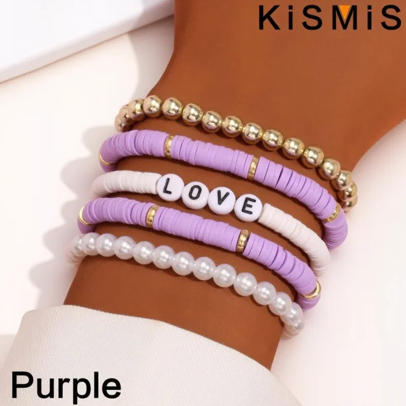 5er Set bunte Tonarmbänder für Damen elastisch weich im Boho Stil