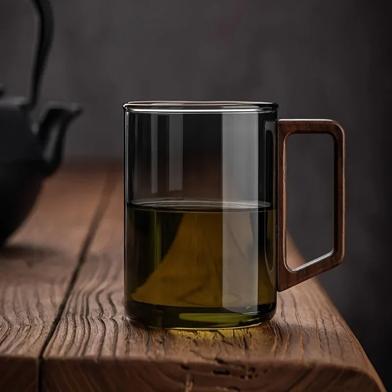 Hitzebeständige Glas Tasse mit Walnuss Griff 400 ml-Yabubestshop
