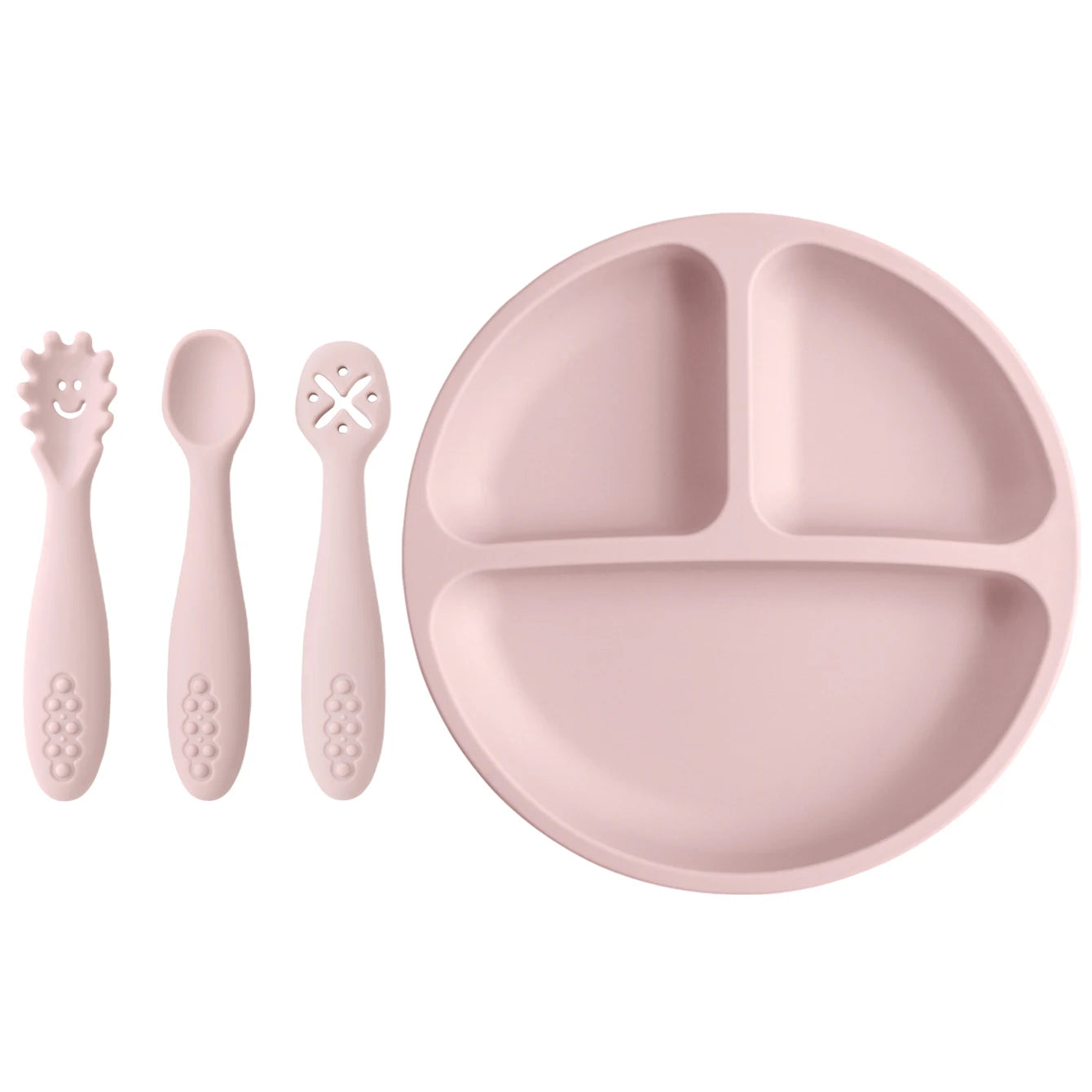 4-teiliges Silikon Baby Fütterungsset BPA-frei mit Saugplatte Löffel Gabel