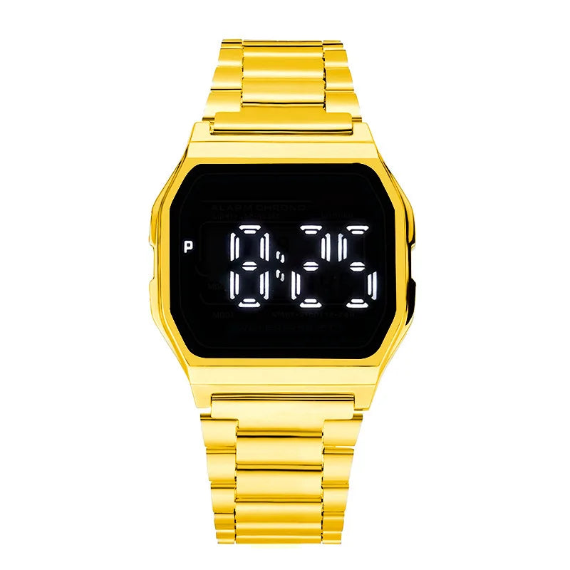 Digitale Retro Sportuhr mit LED Stahlband für Damen Herren Gold Silber