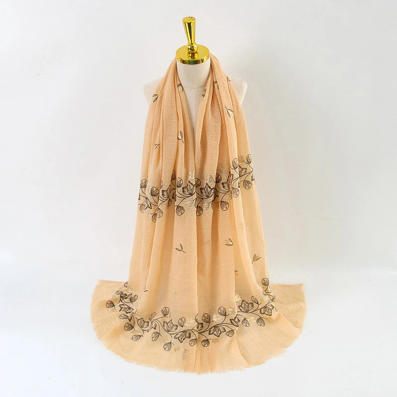 Damen Baumwoll-Leinen Schal Gold Bedruckt Quadratisch Kleine Blumenmuster