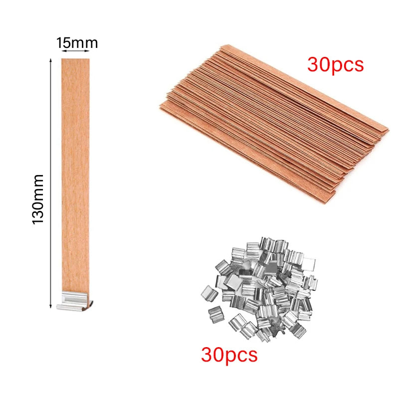 Kerzendocht Holz mit Clip Basis 30 oder 50 Stück Rauchfrei für DIY Kerzen