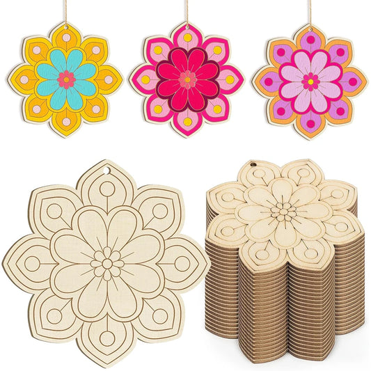 10 Stück Holzornamente Blumenmotiv - Unvollendete Holzscheiben mit Loch zum Selbstgestalten-Yabubest - Home & More