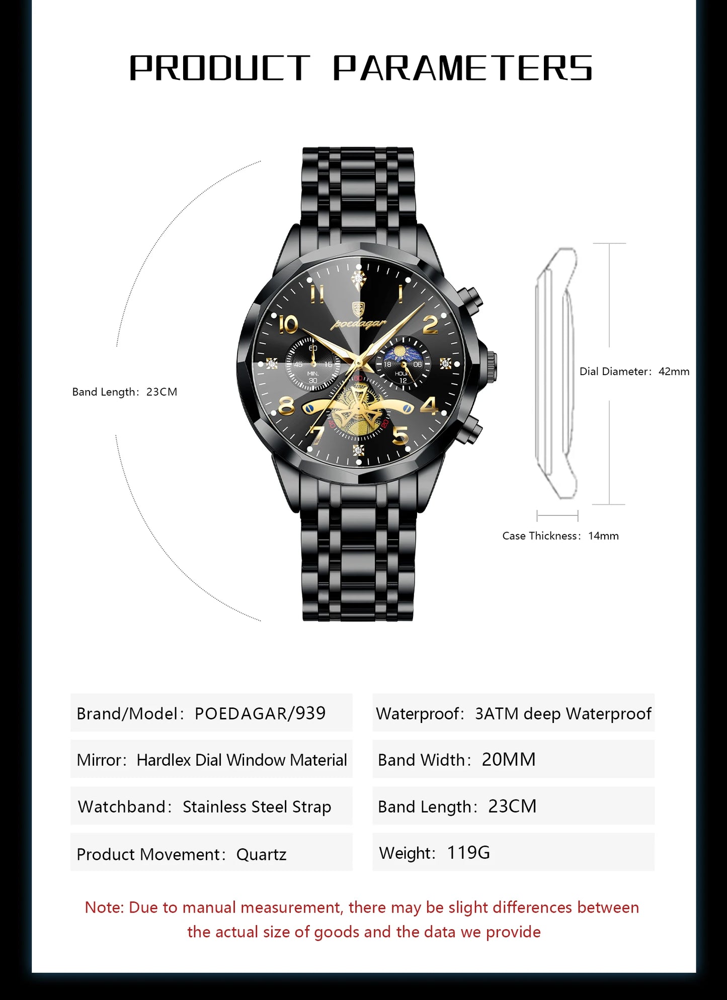 Wasserdichte Edelstahl Herrenuhr mit Chronograph und Leuchtfunktion-Yabubestshop