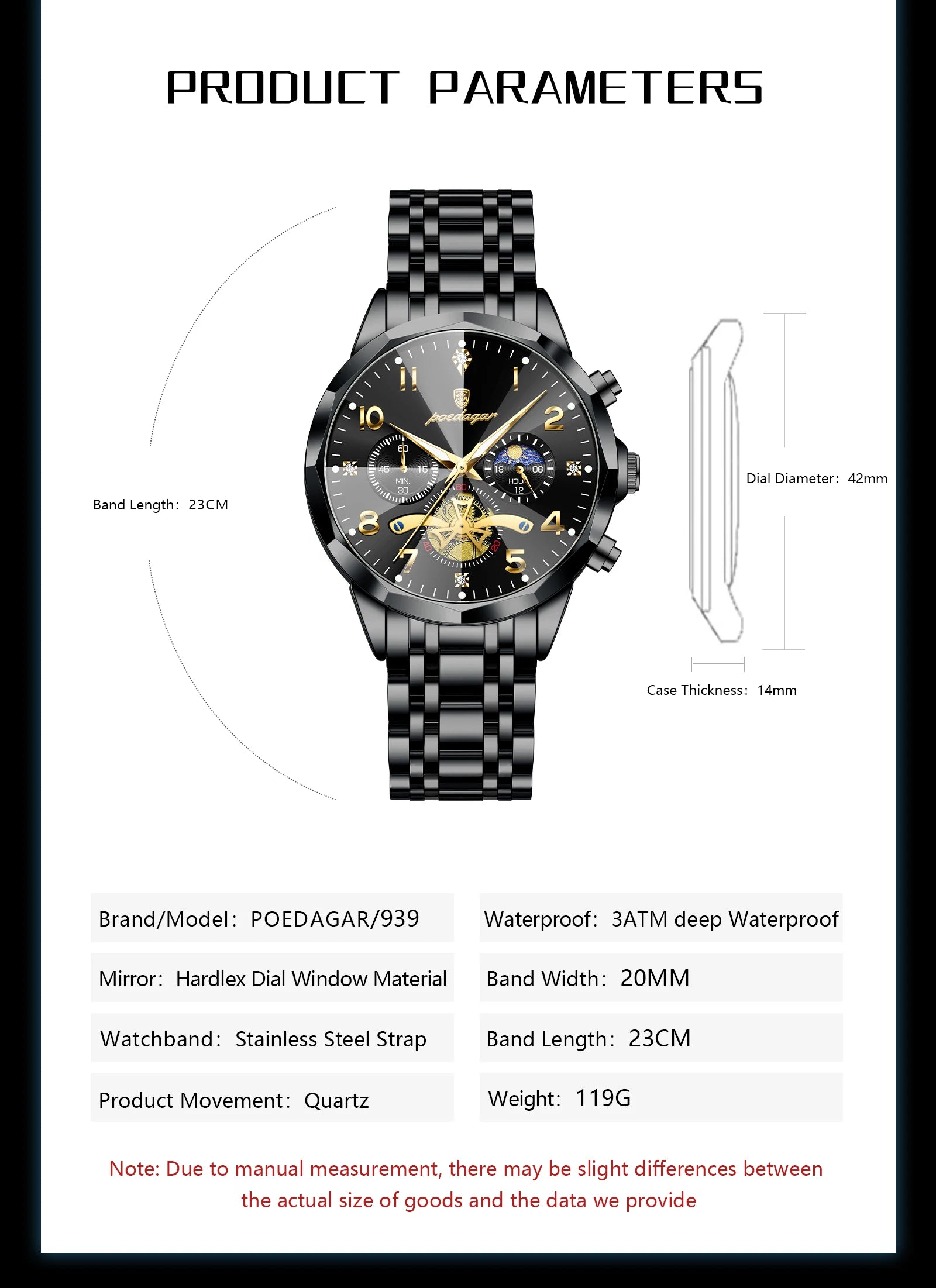 Wasserdichte Edelstahl Herrenuhr mit Chronograph und Leuchtfunktion-Yabubestshop