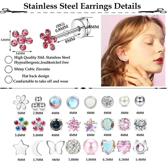 Hypoallergene Edelstahl Ohrstecker mit Zirkon für Tragus und Knorpel