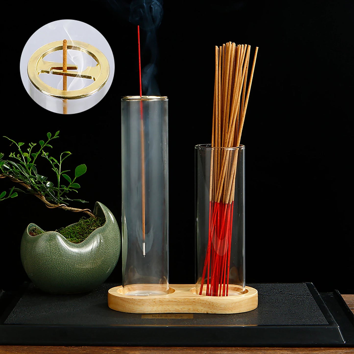 2 in 1 Räucherstäbchenhalter aus Glas mit Organizer und Aschefänger