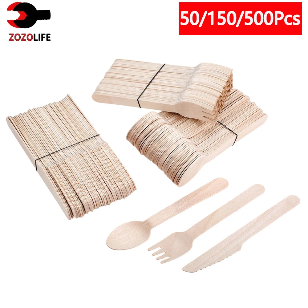 Einweg-Holzbesteck 16 cm 10/150/500 Stück Gabel Löffel Messer Set