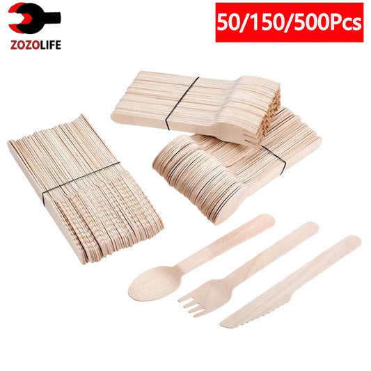 Einweg-Holzbesteck 16 cm 10/150/500 Stück Gabel Löffel Messer Set