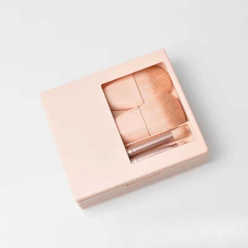Vielseitiges 5-in-1 Make-up-Pinsel-Mini-Set Hellrosa mit Spiegel - Hartschale