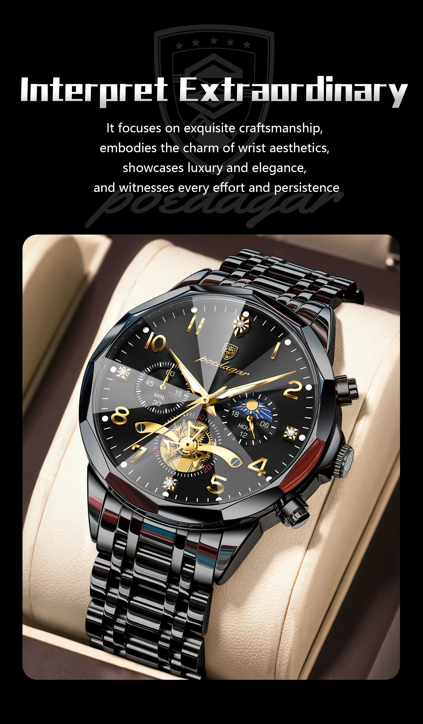 Wasserdichte Edelstahl Herrenuhr mit Chronograph und Leuchtfunktion-Yabubestshop