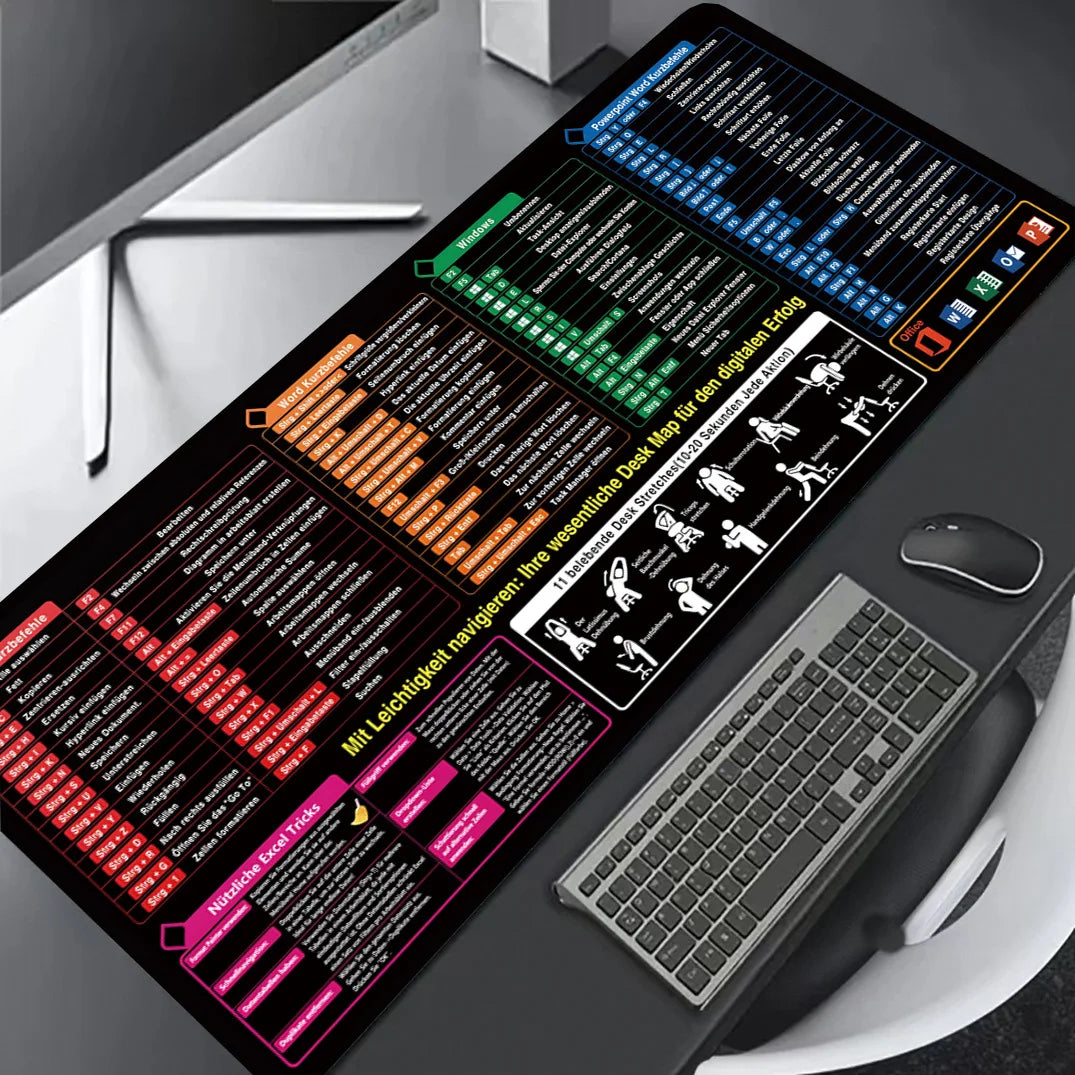 Mauspad mit Spickzettel für Office Software – Excel, Word, Windows, PPT Übersicht