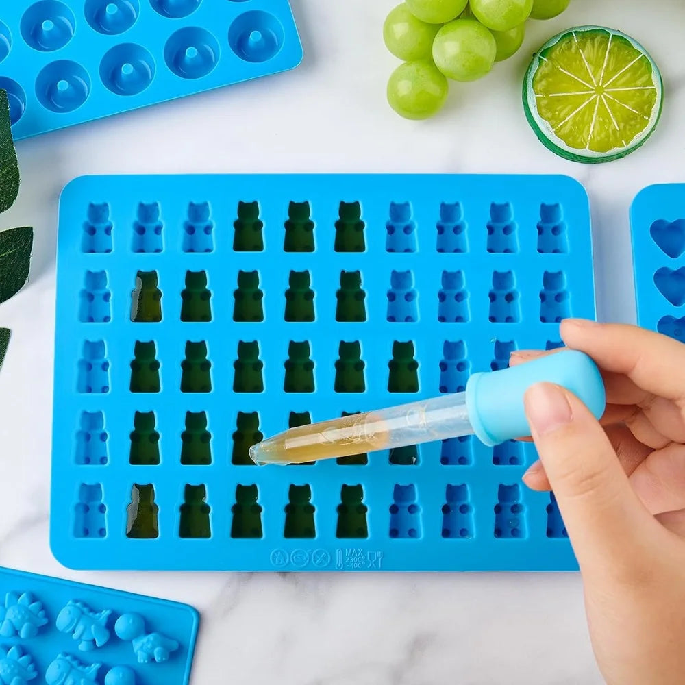 6er Set Wiederverwendbare Silikon Süßigkeitenformen mit 2 Pipetten