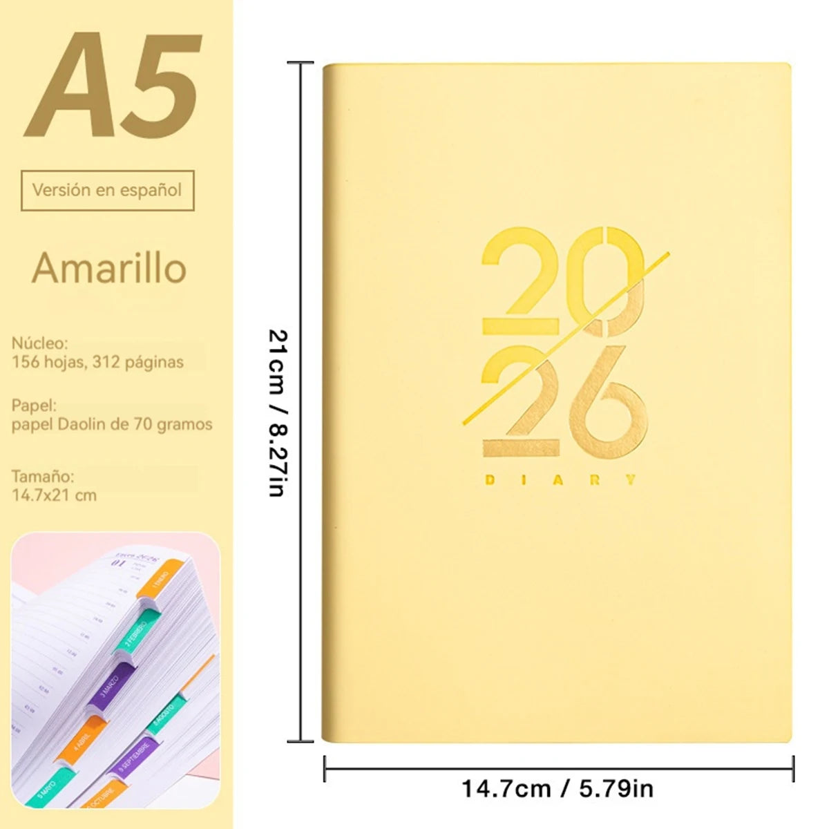 2026 Planer A5 PU-Ledereinband Spanisch Englisch wöchentlicher Monatsplaner