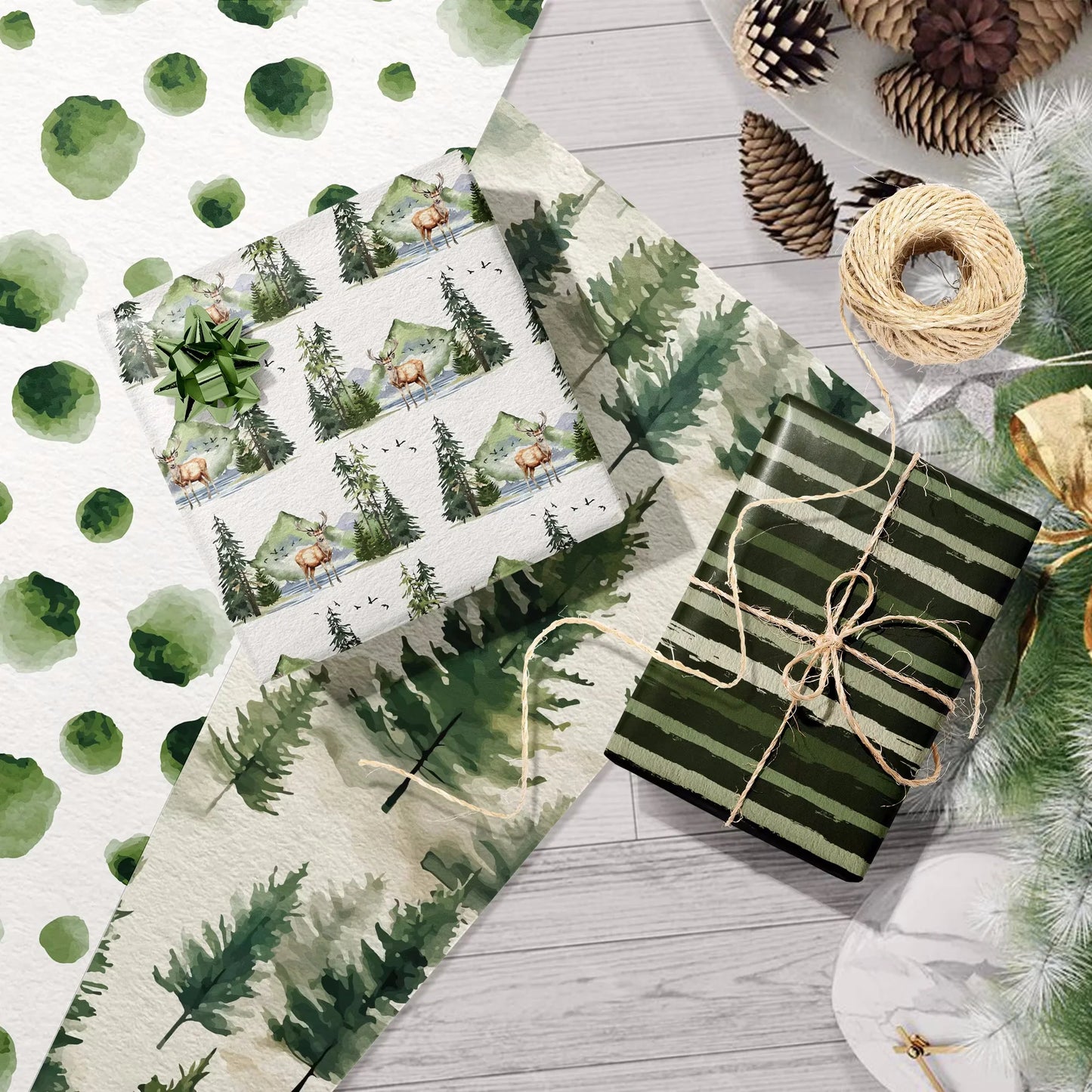 12-teiliges Weihnachts-Geschenkpapier-Set mit Baum- und Waldmuster