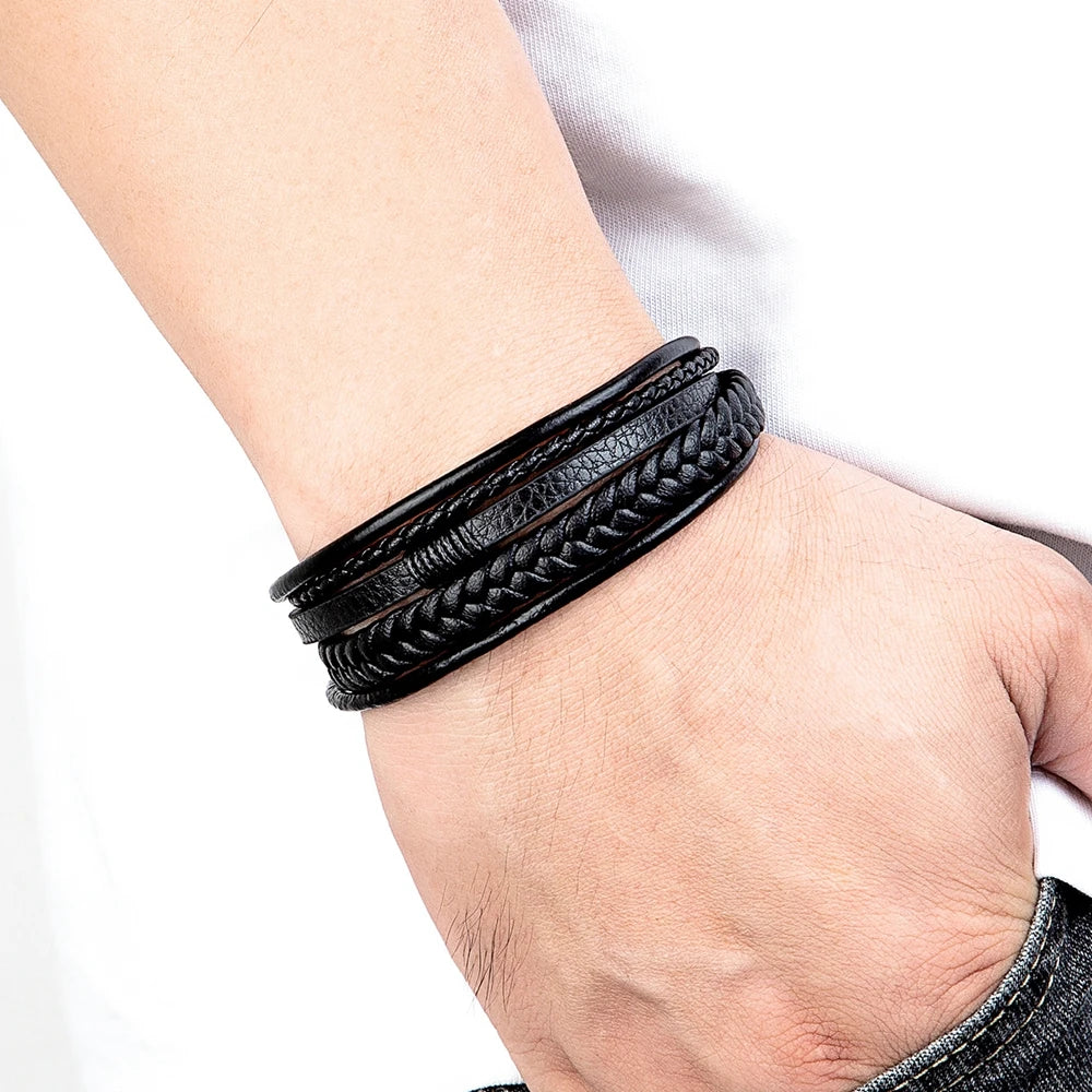 Luxus mehrschichtiges Lederarmband mit Edelstahl Magnetverschluss für Männer