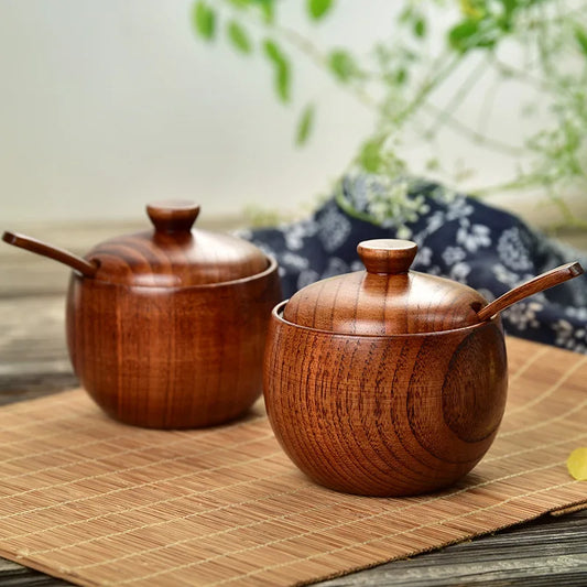 Natürlicher Holz-Salzstreuer mit Vintage Gewürzglas, Deckel - Holzlöffel