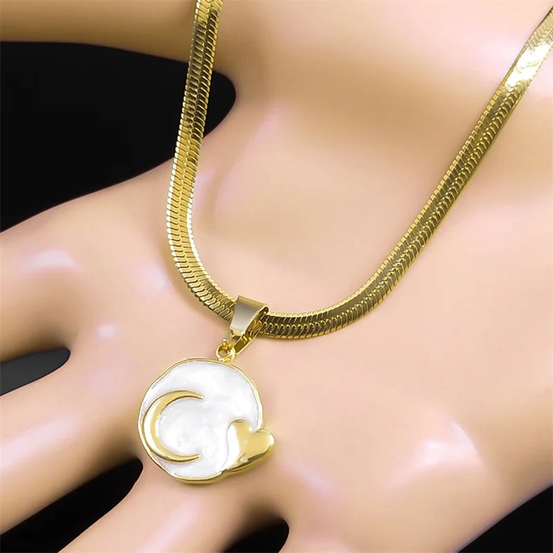 Mond Herz Emaille Lava Anhänger Halskette für Frauen Gold Edelstahl