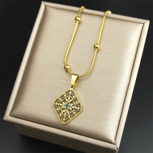 Ethnische Raute Anhänger Halskette Edelstahl Gold Farbe Geometrisch