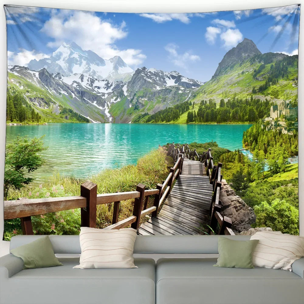 Ländliche Landschafts Tapisserie mit Wald und Wasserfall Motiv