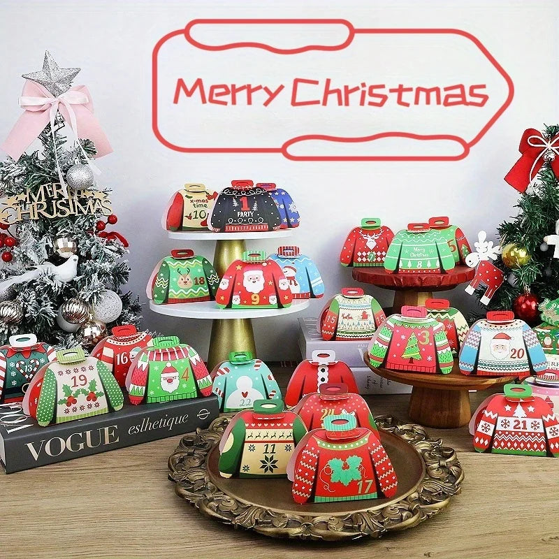 24 Stück festlicher Adventskalender im Pullover-Design mit Dekorationen