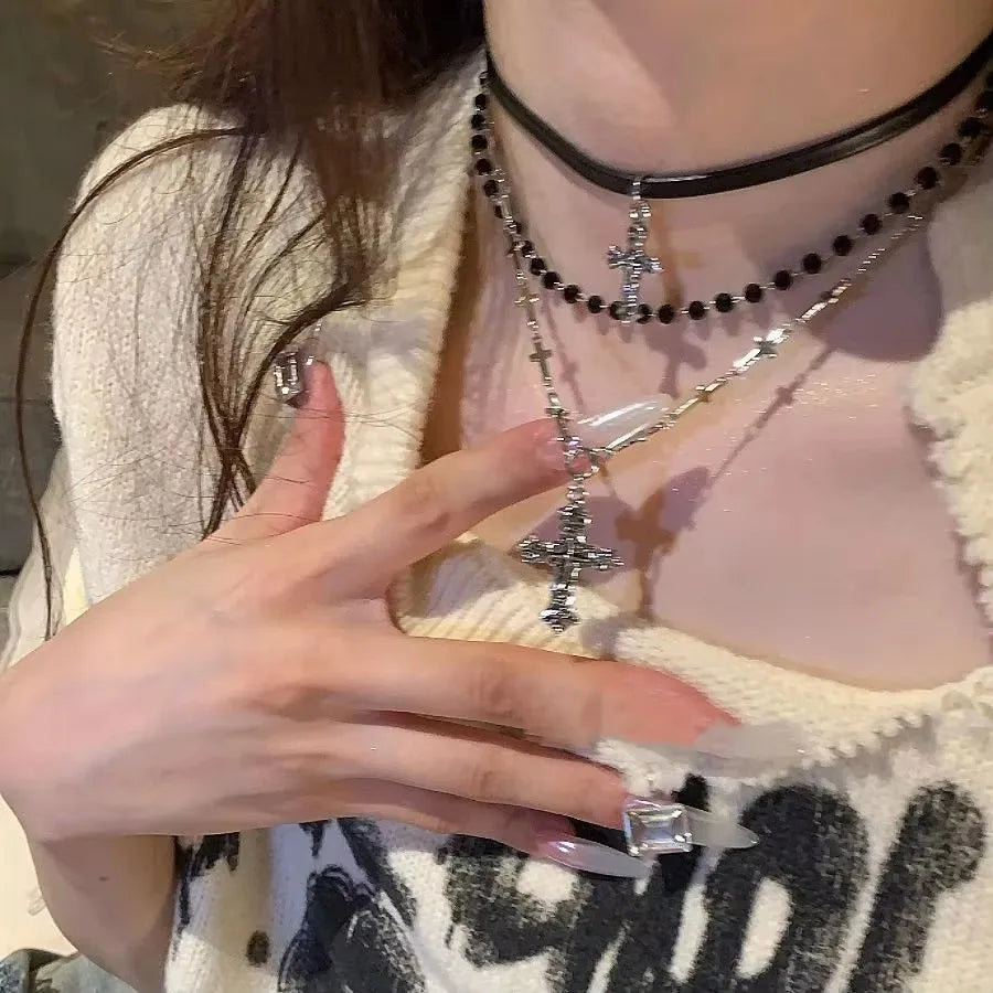 Unisex Doppelschicht Kette mit Punk Stern Herz und Kreuz Edelstahl