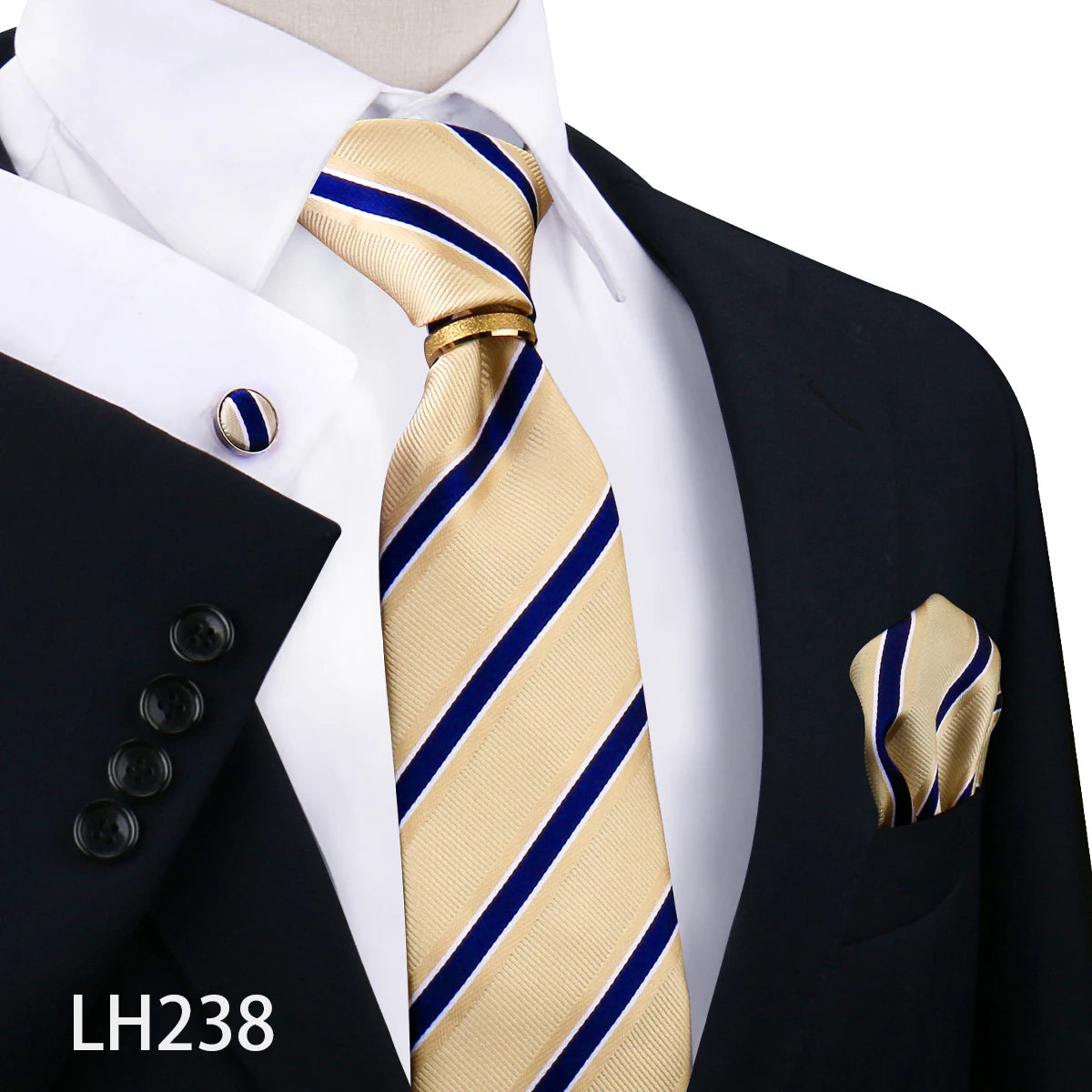 Herren Krawattenset Gold Ring, Manschettenknöpfe, Einstecktuch Festlich