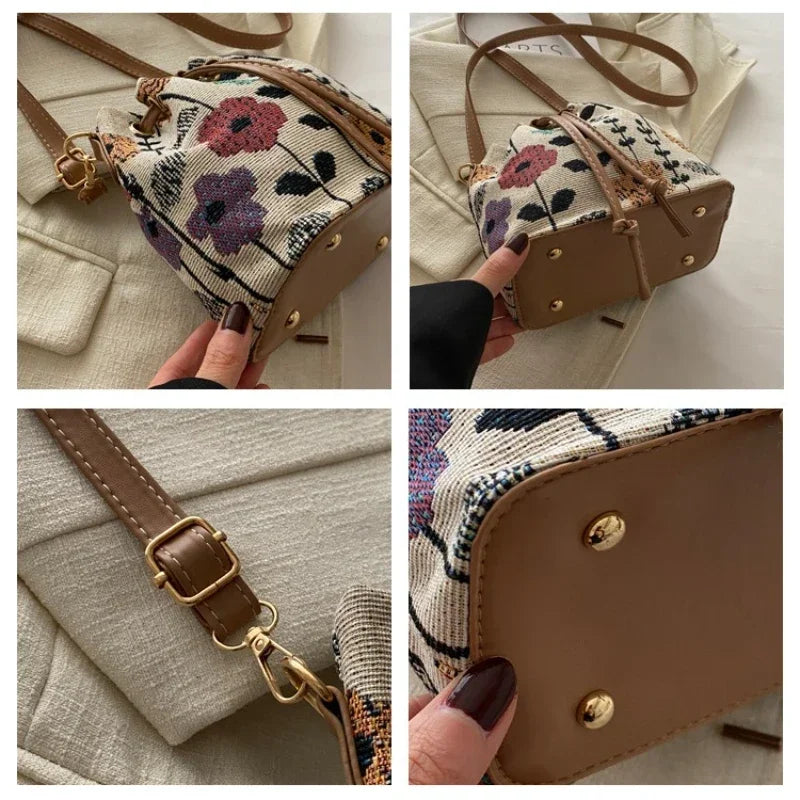 Vintage Umhängetasche mit Blumenmuster für Damen – Softes Kunstleder