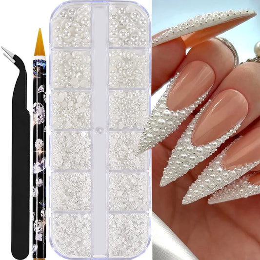 12 Gitter halbrunde 3D Perlen für Nagel Schmuck Mix Größen