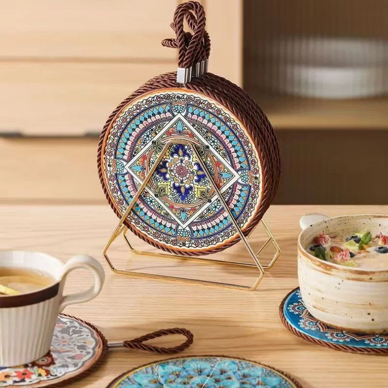 Hitzebeständige Keramik Untersetzer mit Korkbasis Rund Vintage Stil