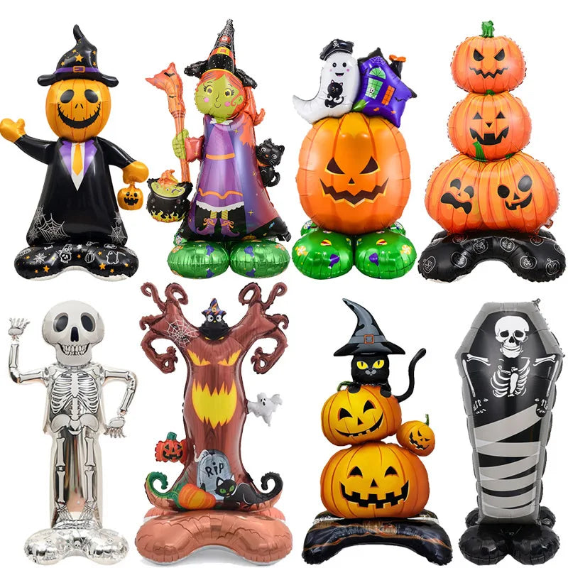 Großer Halloween-Stehballon mit Kürbis, Skeletten und Hexen für Partys
