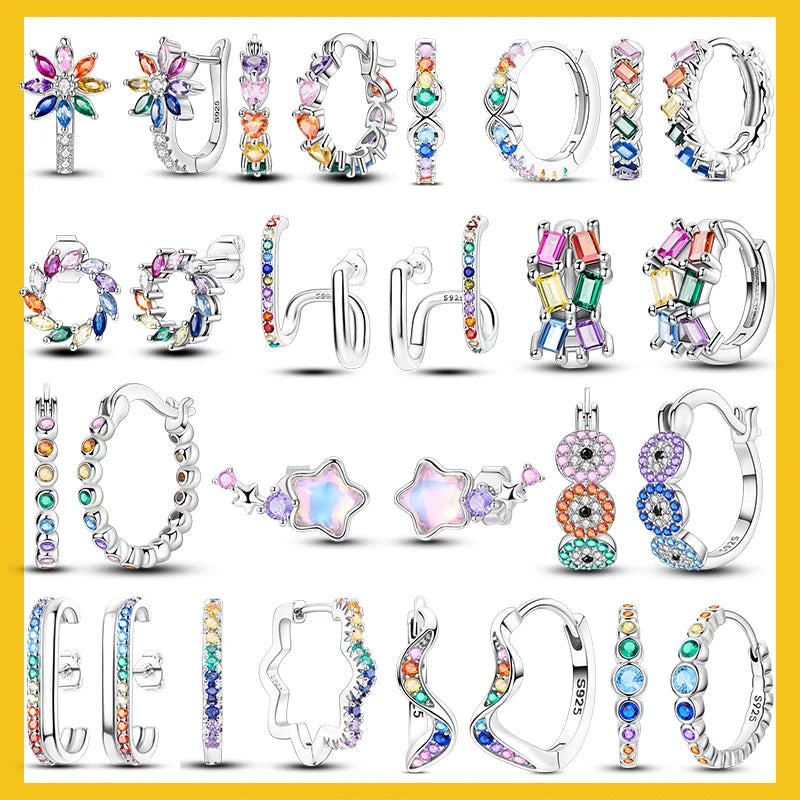 925er Sterlingsilber Creolen mit bunten Zirkon Blumen und Sternen Damenohrringe