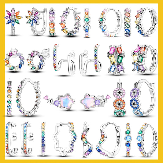 925er Sterlingsilber Creolen mit bunten Zirkon Blumen und Sternen Damenohrringe