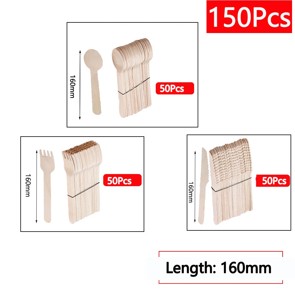 Einweg-Holzbesteck 16 cm 10/150/500 Stück Gabel Löffel Messer Set