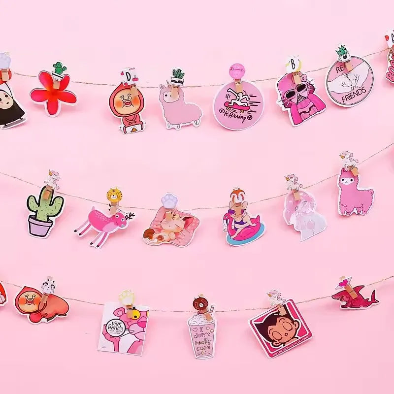 10er Set Cartoon Tier Holzclips mit Seil für Fotos Deko Basteln